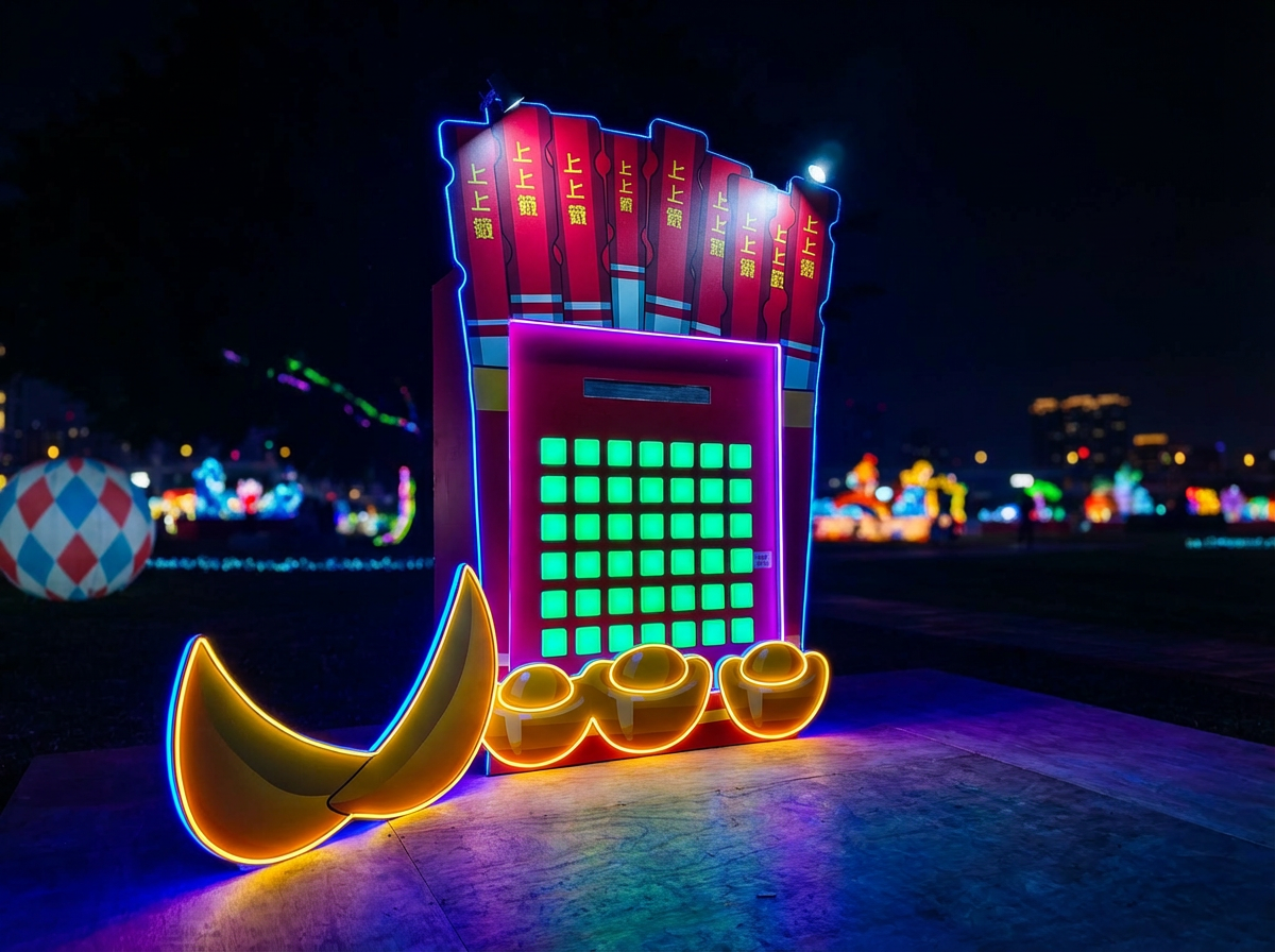 元宵燈會燈區施工管理_傳統老街門面霓虹燈組夜間效果，搭配新月與金球裝飾